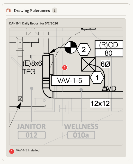 Drawing references panel pinned to the daily report with VAV-1-5 callout