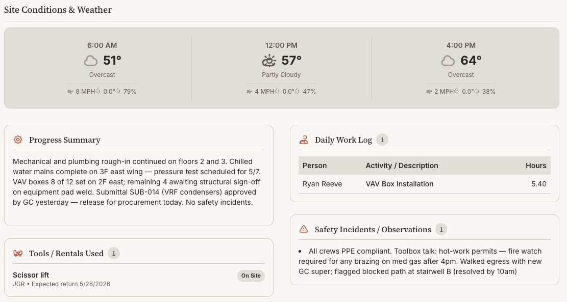 Daily report viewer: three-point weather, progress summary, work log, tools, and safety observations