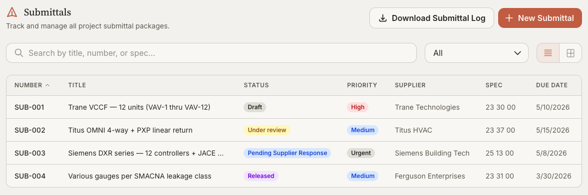 Submittals log with statuses, suppliers, specs, and due dates