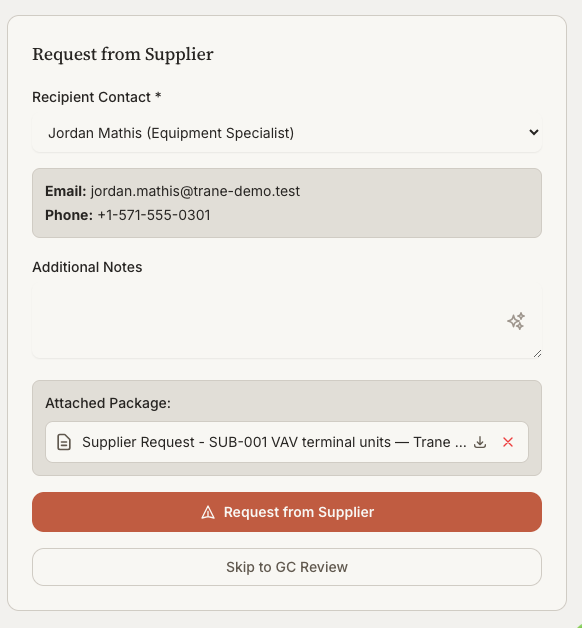 Request from Supplier dialog with attached package and recipient contact