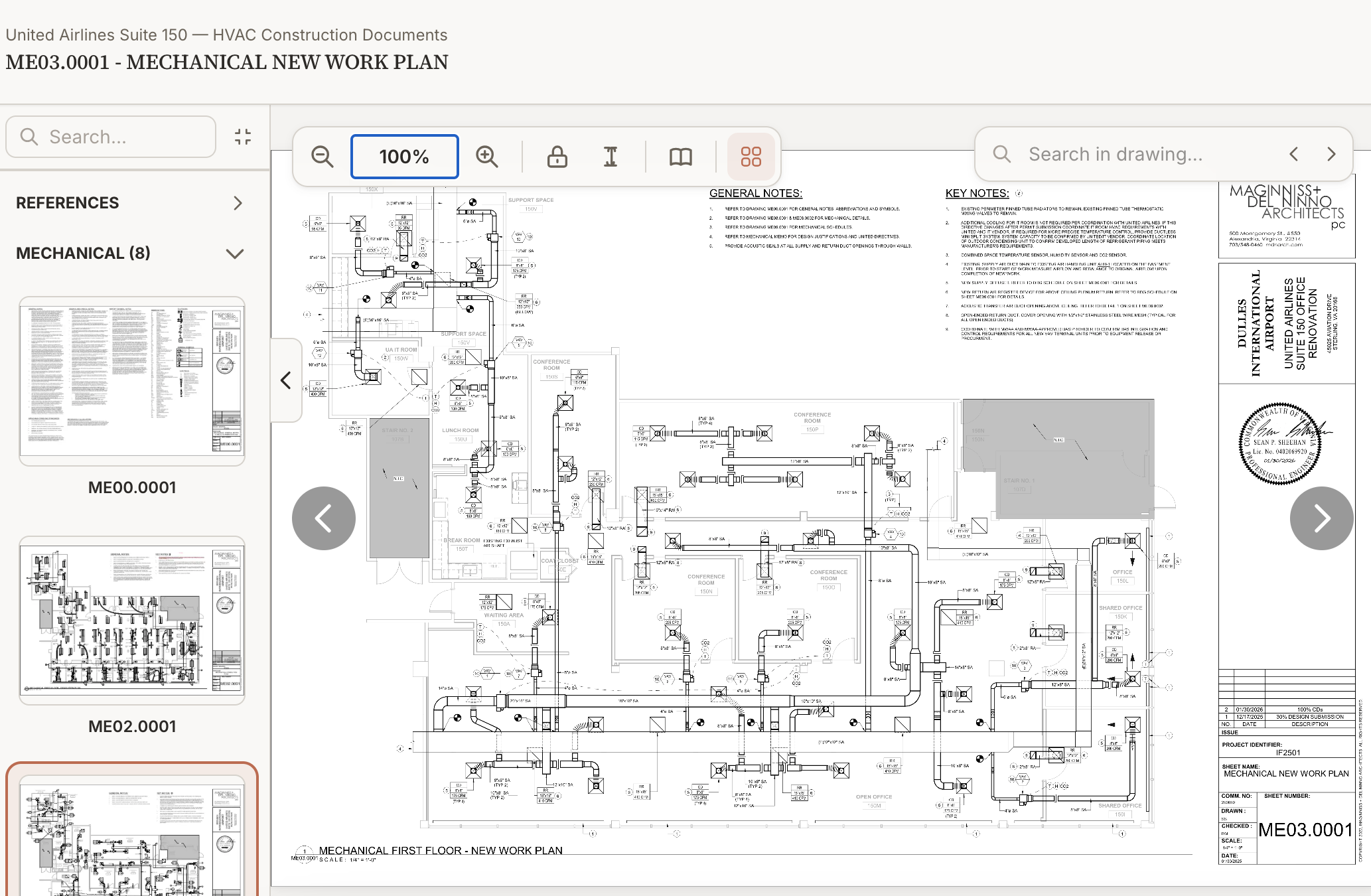 Drawing viewer with AI-detected items pinned on the floor plan