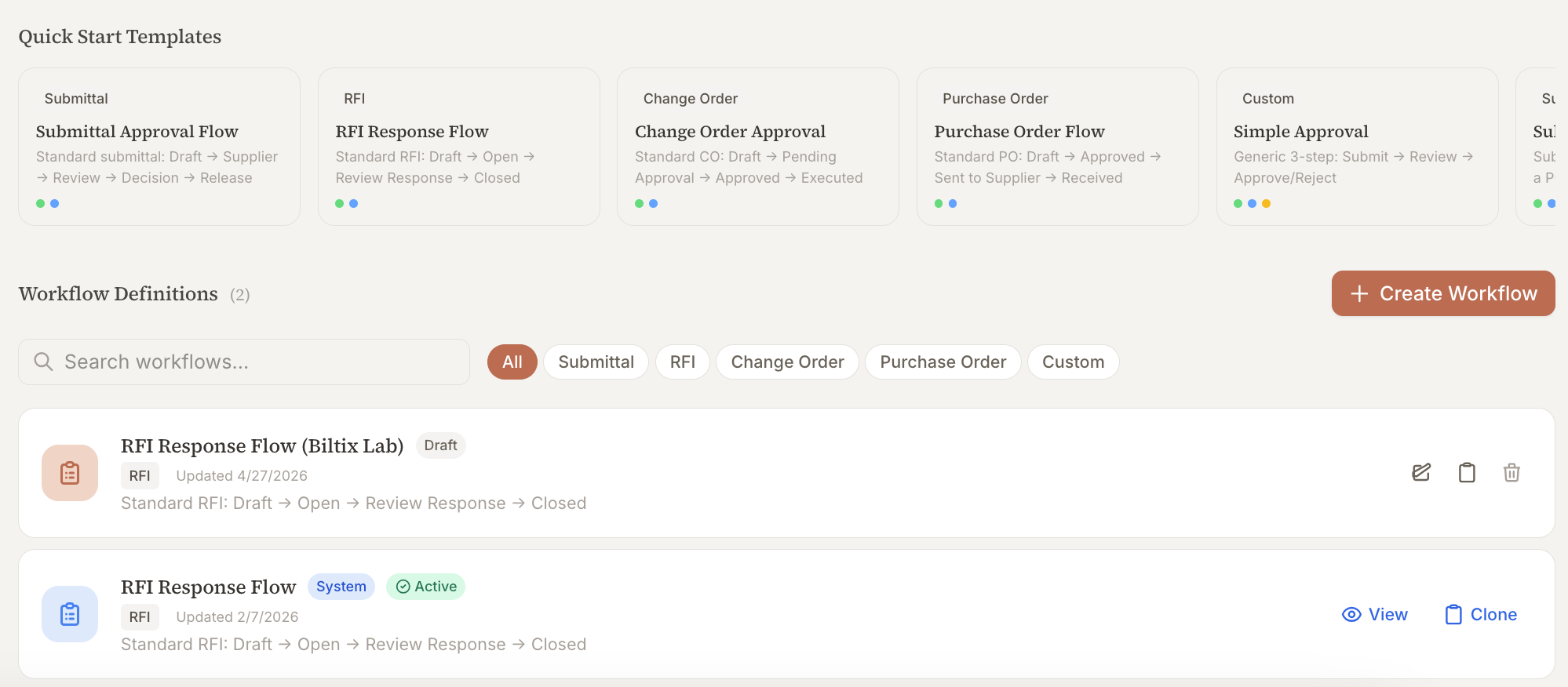 Workflow list with quick-start templates